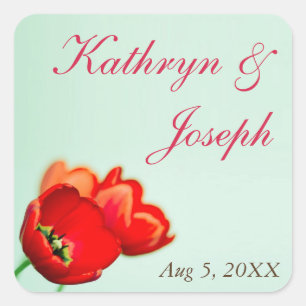 Spring tulip red floral mint wedding favor square sticker