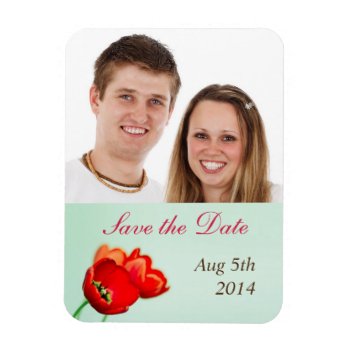 Spring Tulip Red Floral Mint Wedding Save The Date Magnet by FidesDesign at Zazzle