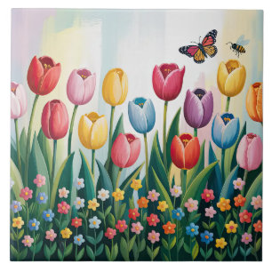 Spring Tulips and Butterflies Colorful Floral Ceramic Tile