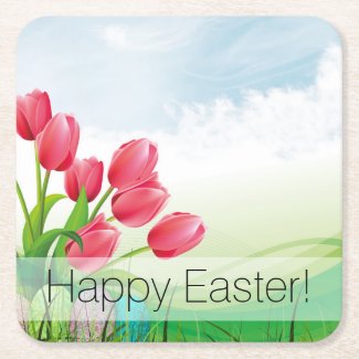 Spring Tulips and Easter Eggs Square Paper Coaster