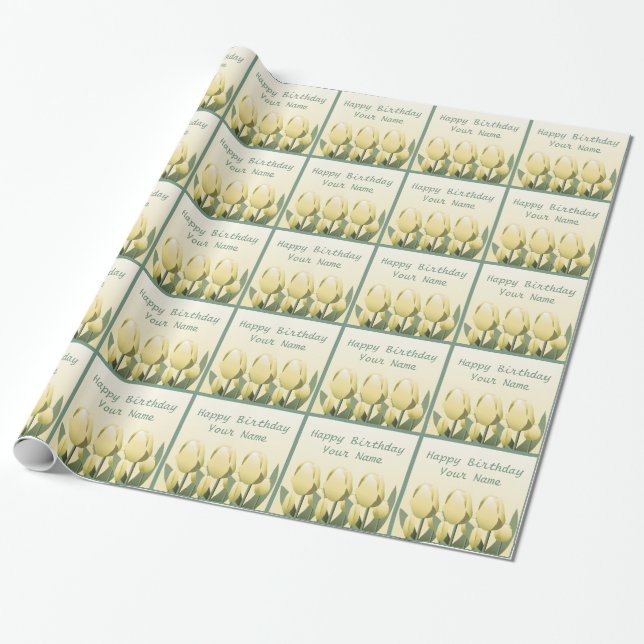 Spring Tulips Birthday Custom Yellow Wrap Wrapping Paper (Unrolled)