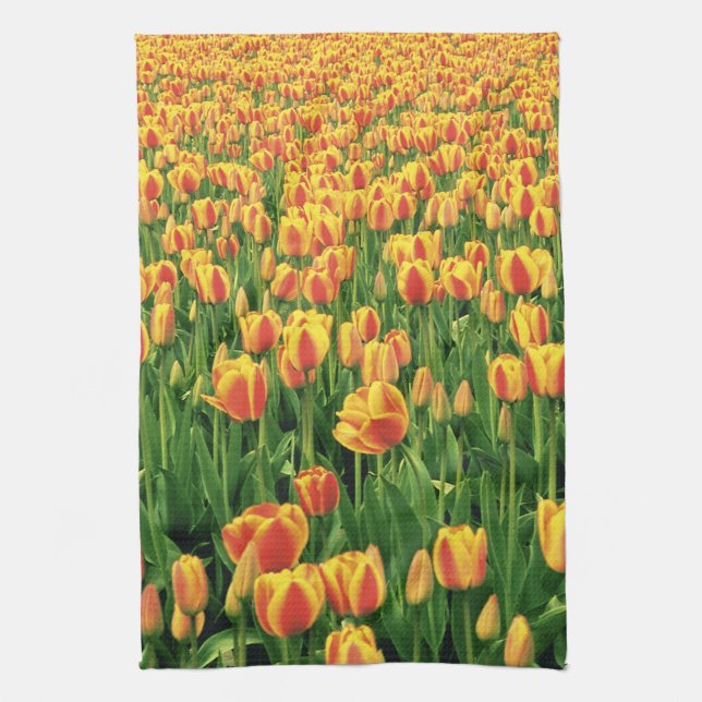 Spring tulips bloom in front of old barn. towel (Vertical)
