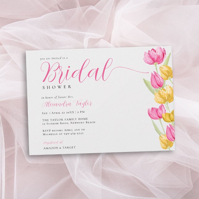 Spring Tulips Boho Chic Hot Pink Bridal Shower Invitation (spring bridal shower invitation tulips hot pink yellow watercolor boho chic calligraphy pretty)