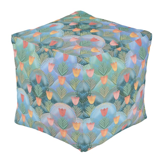 Spring Tulips Cube Pouf (Angled Front)