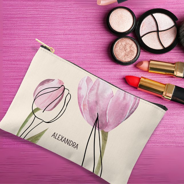 Spring Tulips Custom Name Cosmetic or  Accessory Pouch (Creator Uploaded)