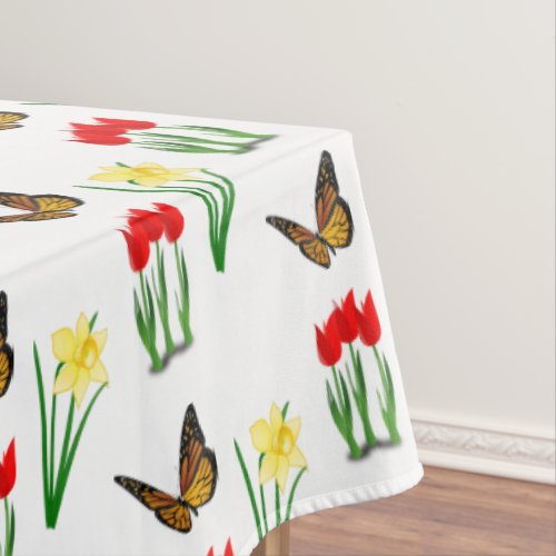 Spring Tulips Daffodils and Butterflies  Floral  Tablecloth