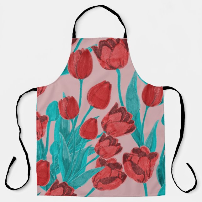 Spring tulips, hand-drawn floral pattern apron (Front)