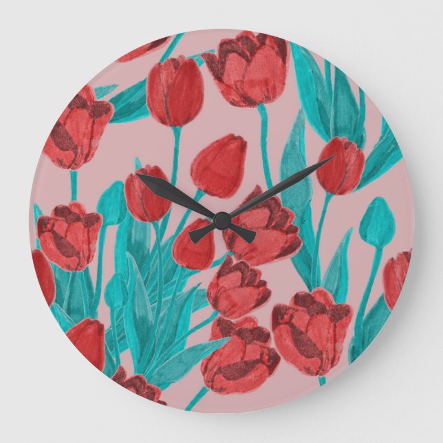 Spring tulips, hand-drawn floral pattern large clock (Front)