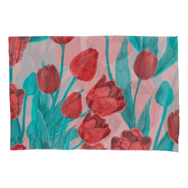Spring tulips, hand-drawn floral pattern pillow case (Front)