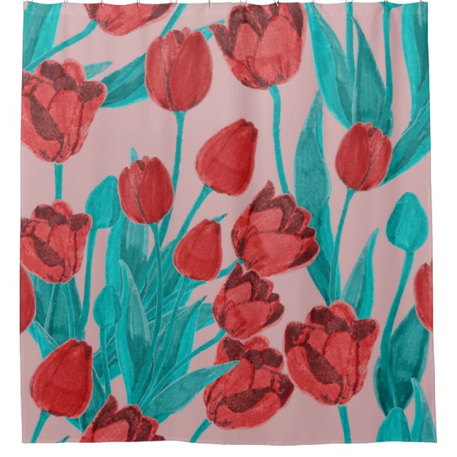 Spring tulips, hand-drawn floral pattern shower curtain (Front)