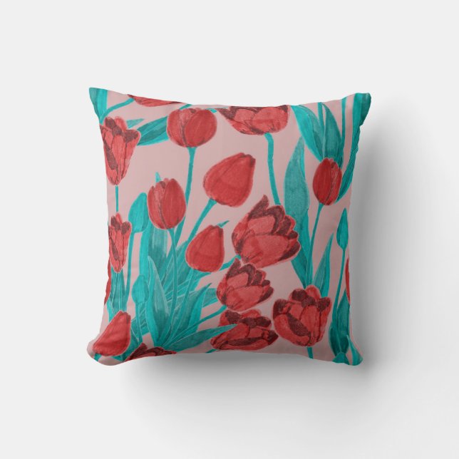 Spring tulips, hand-drawn floral pattern throw pillow (Front)