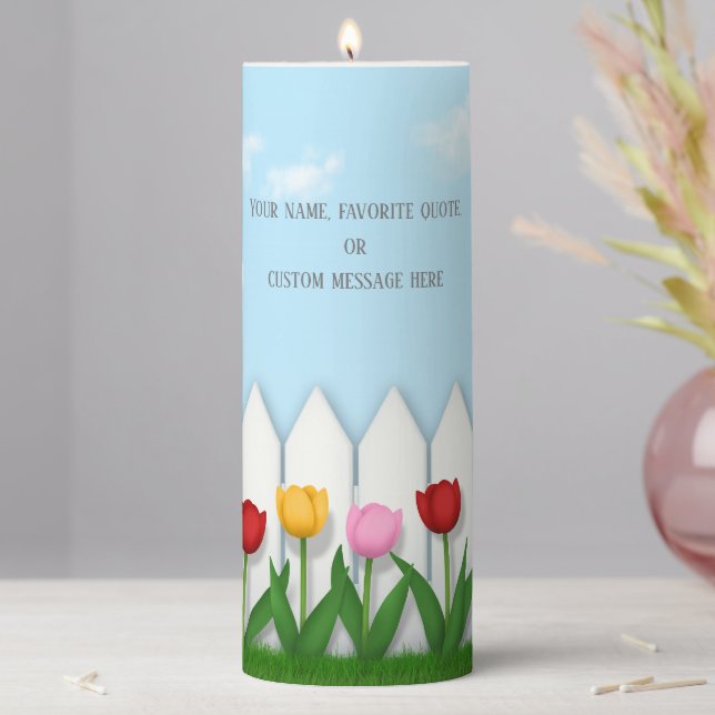 Spring Tulips White Picket Fence Custom Large Pillar Candle (In Situ)