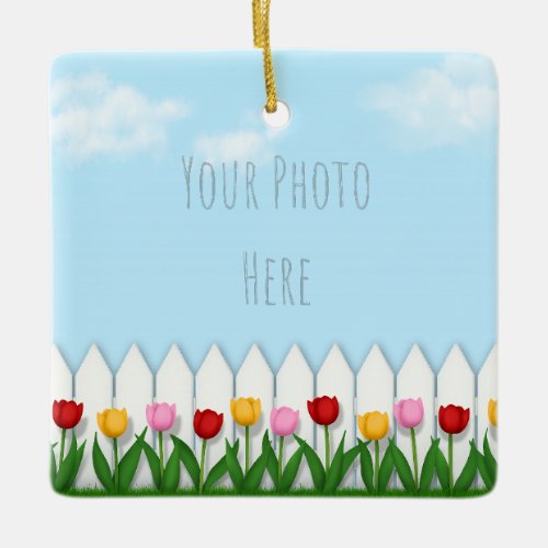 Spring Tulips White Picket Fence Custom Photo Ceramic Ornament