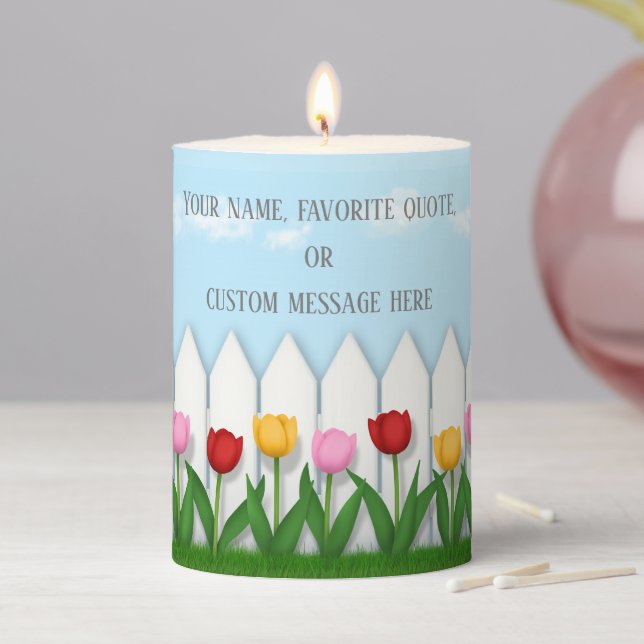 Spring Tulips White Picket Fence Custom Small Pillar Candle (In Situ)