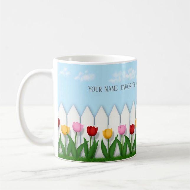 Spring Tulips White Picket Fence Custom Text Coffee Mug (Left)