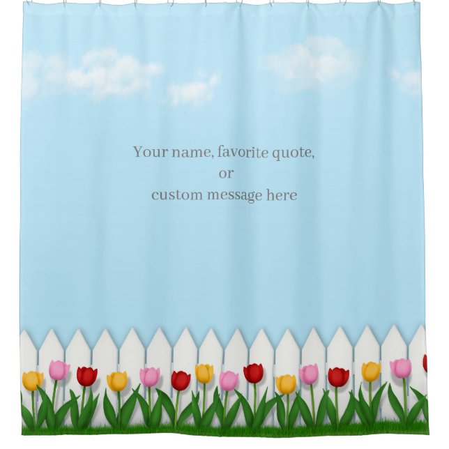 Spring Tulips White Picket Fence Customizable Shower Curtain (Front)