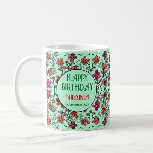 SPRING UNIQUE RED DOODLE FLOWERS BIRTHDAY COFFEE MUG