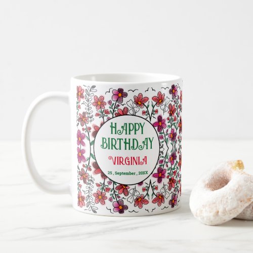 SPRING UNIQUE RED DOODLE FLOWERS BIRTHDAY  COFFEE MUG