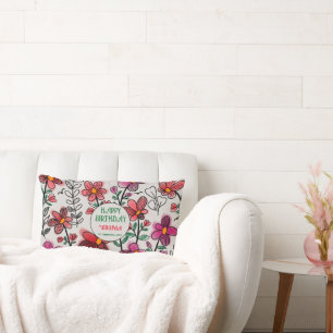 SPRING UNIQUE RED DOODLE FLOWERS BIRTHDAY LUMBAR PILLOW