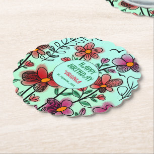 SPRING UNIQUE RED DOODLE FLOWERS BIRTHDAY  PAPER COASTER