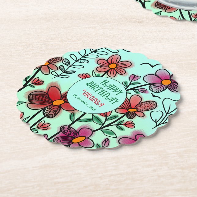 SPRING UNIQUE RED DOODLE FLOWERS BIRTHDAY  PAPER COASTER (Angled)