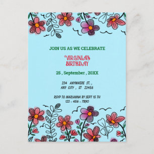 SPRING UNIQUE RED DOODLE FLOWERS BIRTHDAY POSTCARD