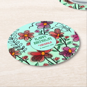 SPRING UNIQUE RED DOODLE FLOWERS BIRTHDAY ROUND PAPER COASTER
