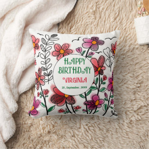 SPRING UNIQUE RED DOODLE FLOWERS BIRTHDAY THROW PILLOW