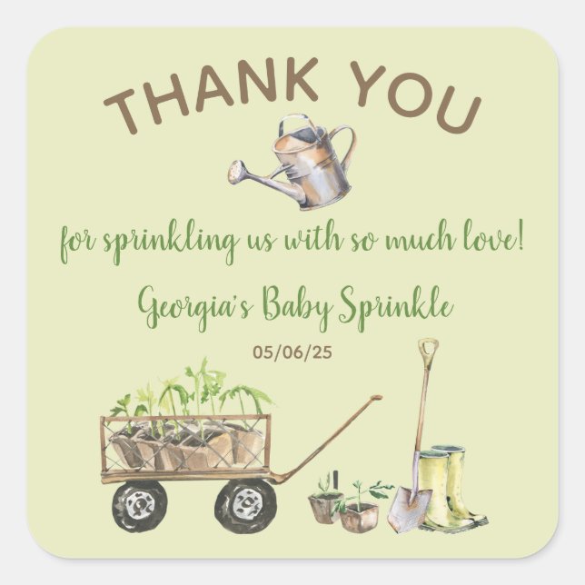 Spring Vegetable Garden Watering Can Baby Sprinkle Square Sticker (Front)