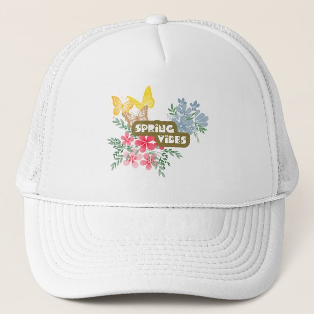 Spring Vibes Colorful Flowers Butterflies Seasonal Trucker Hat (Front)