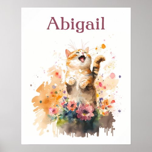 Spring Vibes Watercolor Cat _ Personalized Kids Poster