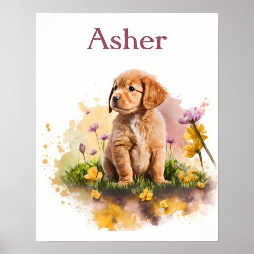 Spring Vibes Watercolor Puppy _ Personalized Kids Poster
