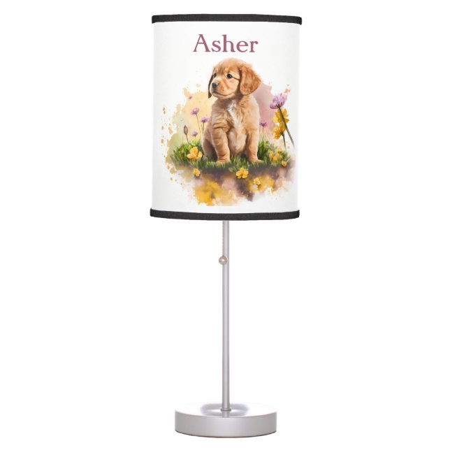 Spring Vibes Watercolor Puppy - Personalized   Table Lamp (Front)