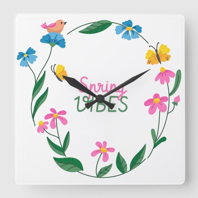 Spring Vibes with Flowers and Butterflies Square Wall Clock (Front)
