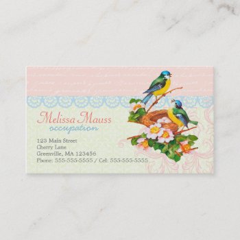 Spring Vintage Cute Bird Couple And Nest Business Card by jardinsecret at Zazzle