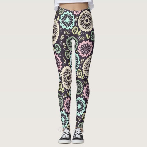 Spring vintage flowers grey turquoise pink drawstr leggings