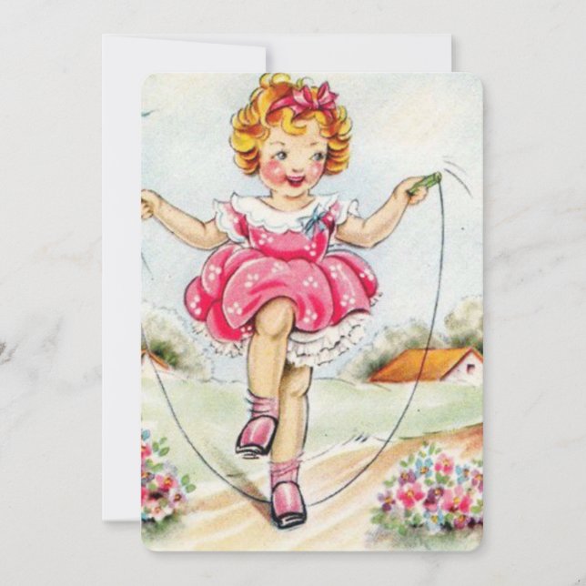 Spring Vintage Girl Jump Roping Holiday Card (Front)