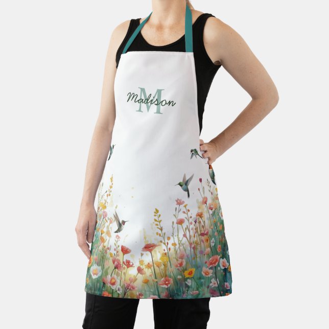 Spring Watercolor Birds Floral Monogram Wildflower Apron (Insitu)