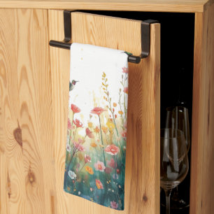 Spring Watercolor Birds Floral Monogram Wildflower Kitchen Towel