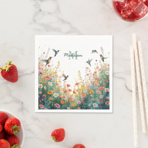Spring Watercolor Birds Floral Monogram Wildflower Napkins