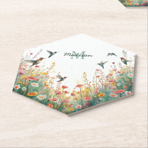 Spring Watercolor Birds Floral Monogram Wildflower Paper Coaster