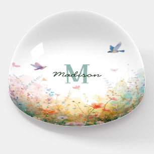 Spring Watercolor Birds Floral Monogram Wildflower Paperweight