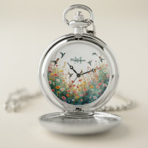 Spring Watercolor Birds Floral Monogram Wildflower Pocket Watch