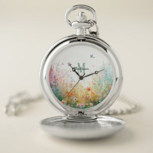 Spring Watercolor Birds Floral Monogram Wildflower Pocket Watch