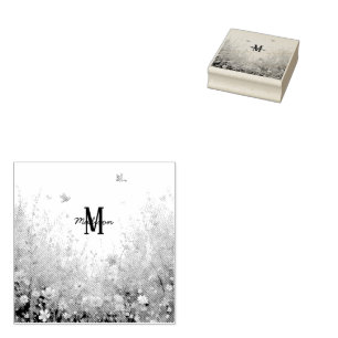 Spring Watercolor Birds Floral Monogram Wildflower Rubber Stamp