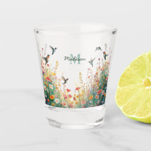 Spring Watercolor Birds Floral Monogram Wildflower Shot Glass