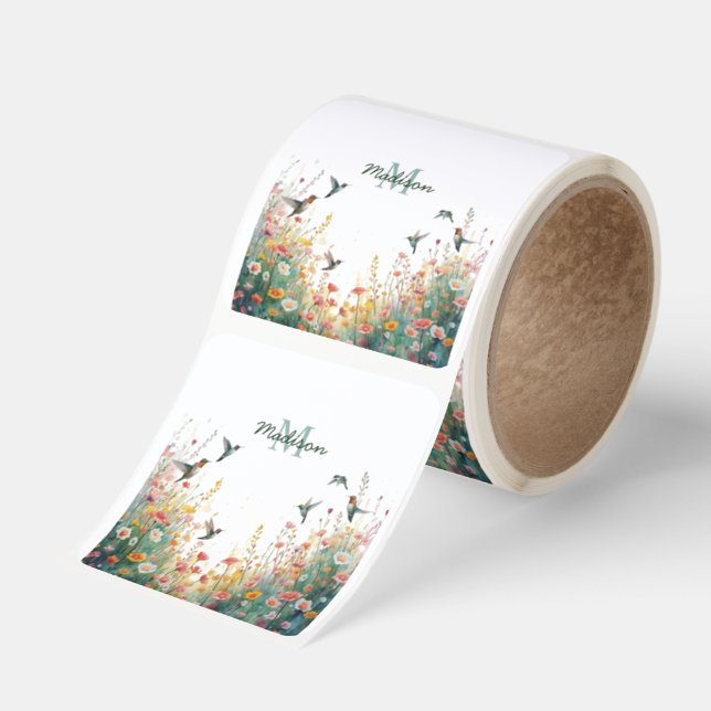 Spring Watercolor Birds Floral Monogram Wildflower Square Sticker (Roll)
