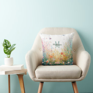 Spring Watercolor Birds Floral Monogram Wildflower Throw Pillow