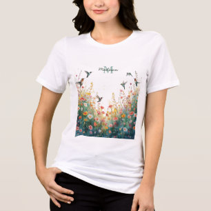 Spring Watercolor Birds Floral Monogram Wildflower Tri-Blend Shirt
