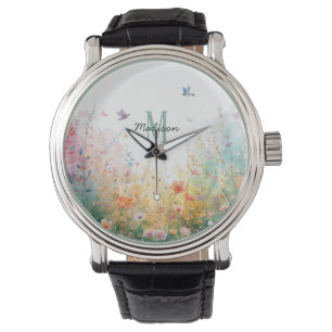 Spring Watercolor Birds Floral Monogram Wildflower Watch